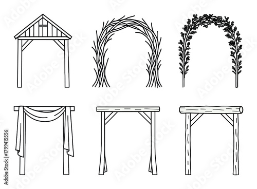 Rustic wedding arches: wooden, branch, and draped designs