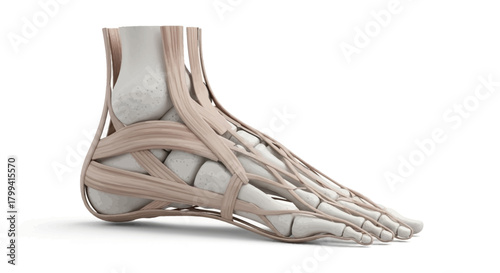 Detailed 3D Medical Illustration of the Human Foot Anatomy, Showcasing Intricate Skeletal Structure, Ligaments, and Tendons for Educational and Healthcare Applications