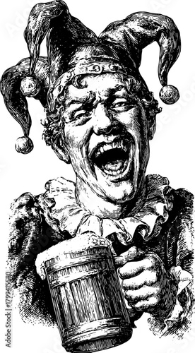 Jester engraving showcasing a vintage character with a mug. The black outline vector illustration captures the essence of traditional revelry.