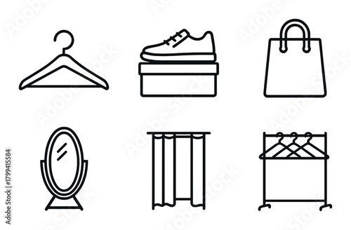 Fashion icons set: hanger, shoe box, bag, mirror, curtain, clothing rack