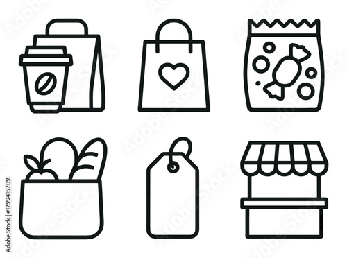Minimalist icon set: shopping, coffee, groceries, candy, tags, market stall