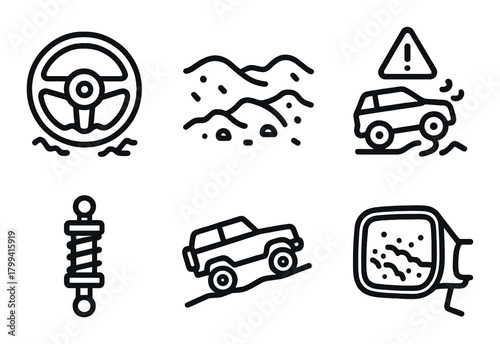 Off-road icons with wheel, suspension, vehicle, mountain, warning sign, mirror