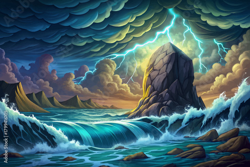 Wild ocean waves crashing under heavy storm clouds and lightning, intense dramatic seascape with dark cold water