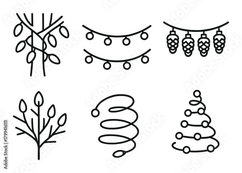 Minimalist christmas decor illustrations with lights and pinecones