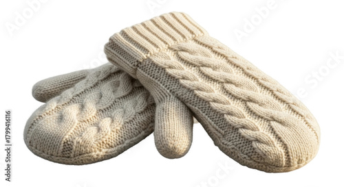 Cozy winter knit mittens with cable pattern design in soft beige hue