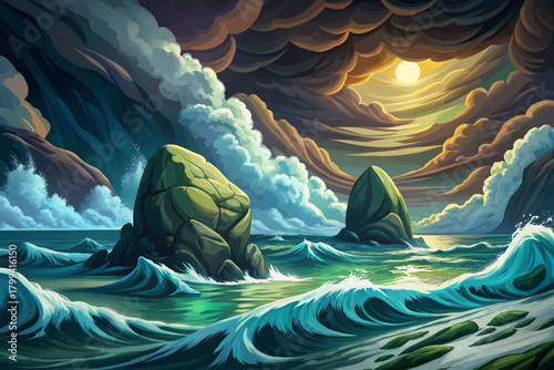 Wild ocean waves crashing under heavy storm clouds and lightning, intense dramatic seascape with dark cold water