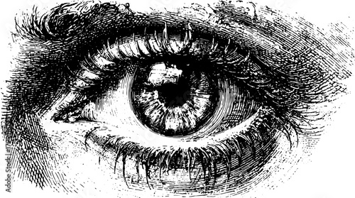 Detailed eye illustration in black and white. Lifelike rendering of human anatomy in a vintage vector style, perfect for art projects or studies.
