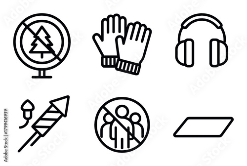Dark themed icons of fireworks, headphones, prohibition signs, gloves, and warning symbols