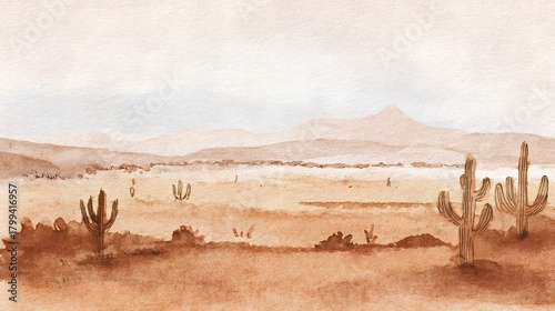 Serene South American desert watercolor illustration tranquil prairie landscape warm terracotta tones