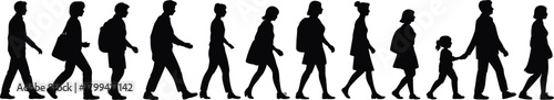 Walking people silhouettes vector set showing diverse postures, clothing styles, movement, demographics, urban pedestrians, and human figure illustrations