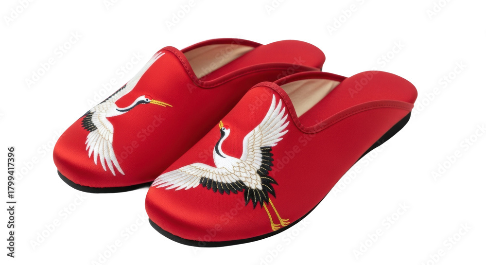 Obraz premium Red slippers with white crane embroidery on black background