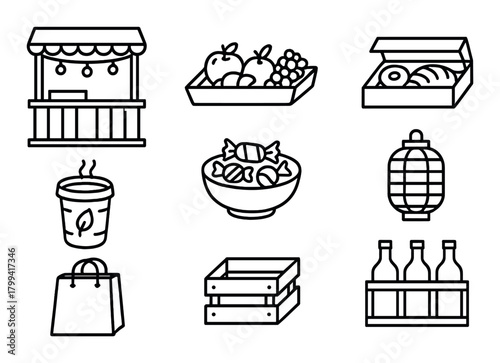 Illustrated market icons featuring food, drinks, and accessories