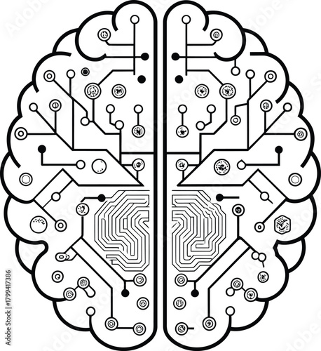 Stylized brain illustration with circuit board design in black and white on a white background