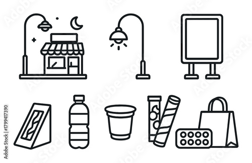 Nighttime street and convenience store icons with snacks and beverages outlined on gray
