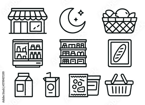 Grocery icon set with moon and stars on dark background