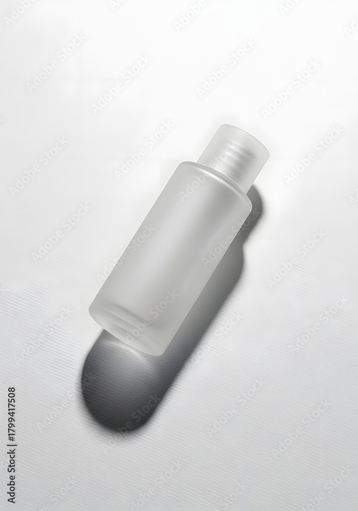 Naklejka premium A small, frosted glass bottle with a white cap, casting a shadow on a white surface.