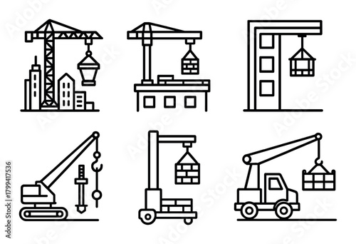 Crane icons set: construction equipment line art
