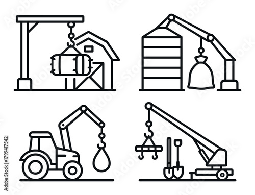 Industrial machinery icons illustrating construction and farming equipment