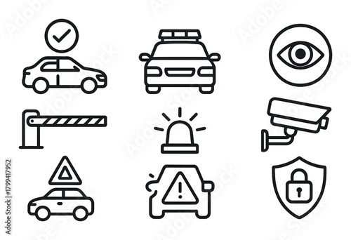 Car security symbols: surveillance, alarm, lock, warning, barrier icons