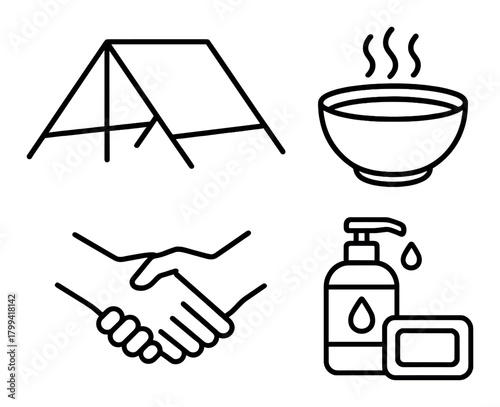Camping essentials: tent, soup bowl, handshake, hygiene supplies icons
