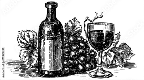 Vintage wine bottle and glass with grapes and leaves. Black and white outline vector illustration set.