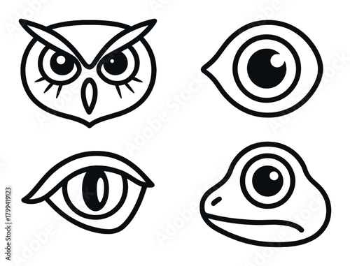 Graphic design icons of owl, fish, cat, and frog eyes in dark theme