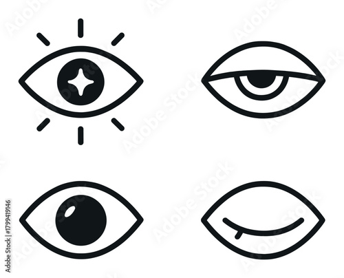 Abstract eye symbols on textured background featuring four unique designs