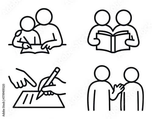 Sketch icons of people reading, writing, and discussing together