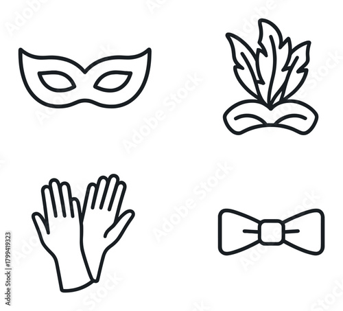 Minimalist icons of carnival mask, feathered headpiece, gloves, and bow tie