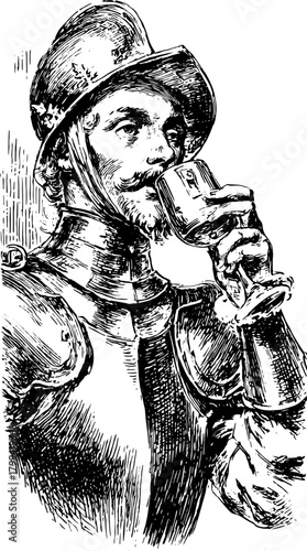 Engraving of a gentleman holding a glass in antique style. This vintage illustration features detailed outlines as a set of black and white artwork.