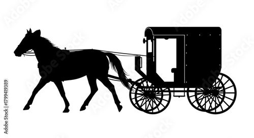 Silhouette of a horse pulling a carriage, black on white background.