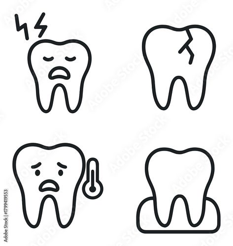 Dental icons representing toothache, cracked tooth, sensitive tooth, and healthy gum