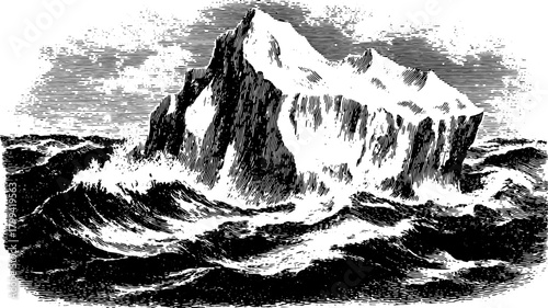 Iceberg in a vintage print style. Black and white line drawing, showcasing a massive iceberg amidst choppy ocean waves in vector illustration.