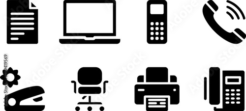 Office equipment icons in a grid representing business tools.