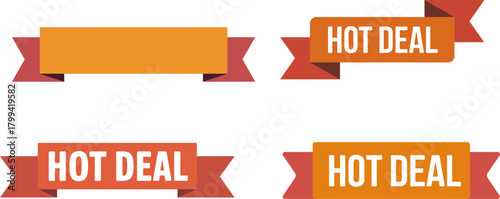 Four ribbon banners, two reading 'HOT DEAL', on a white background.