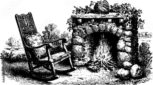 Vintage rocking chair by a stone fireplace in a rural landscape. Detailed black outline vector illustration showcasing a cozy indoor set.
