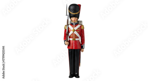 Traditional british royal guard toy soldier with red uniform and black bearskin hat
