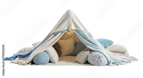 Cozy indoor blanket fort with cushions and soft lighting