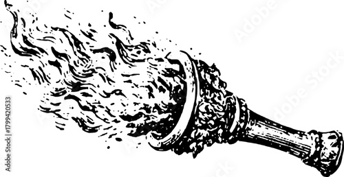 Vintage torch with flames. Hand-drawn vector illustration in black outline. Suitable for graphic design or art set.