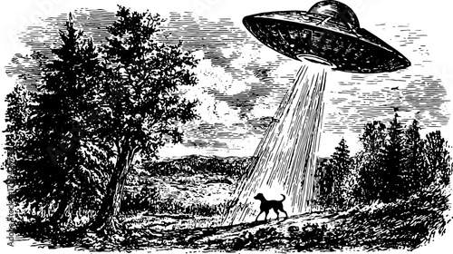 Engraving of a UFO above a landscape. Black and white vector illustration featuring a tree and dog, under a beam of light in a retro style set.