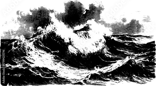 Ocean waves illustrated in black line art. Vintage style vector illustration depicting a dynamic seascape in detail.