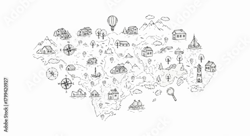 Hand drawn map illustration featuring houses, boats, and a hot air balloon in black and white style
