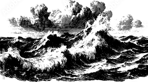Ocean waves in black and white. Hand-drawn vector illustration showcasing detailed movement of water and clouds in a retro set.