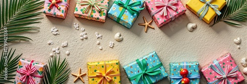 Colorful gift boxes with tropical leaves and starfish on sandy background