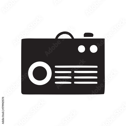 Simple hand drawn silhouette of a vintage radio with knobs and speaker