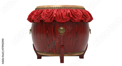 Traditional chinese red wooden drum with ornate details on black background