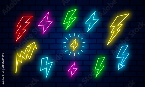 Energy icons. Neon bolt sign. neon lightning bolt. Energy doodle set icons on black background. Geometric high bolt, energy burst.  Battery charging with a power bolt icons.