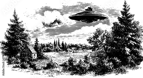 Engraving illustration featuring a UFO over a rural landscape with trees and clouds. Vintage vector art depicting a serene farm scene.