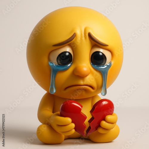 A heartbroken emoji character crying with large tears while holding a broken red heart. 3D render symbolizing sadness, despair, and the pain of lost love.