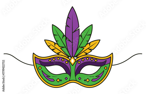 venetian carnival mask, mardi gras mask, flat design, vector art, clean outline, plain white background
